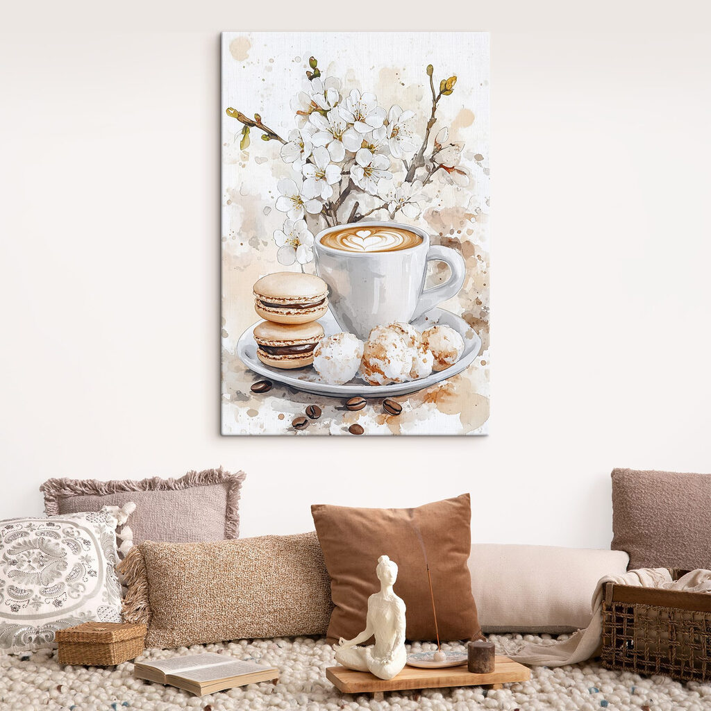 Cappuccino et fleurs blanches dans un intérieur