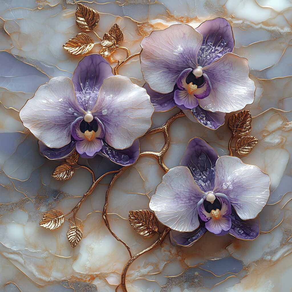 Orchidées violettes, veines dorées — motif complet