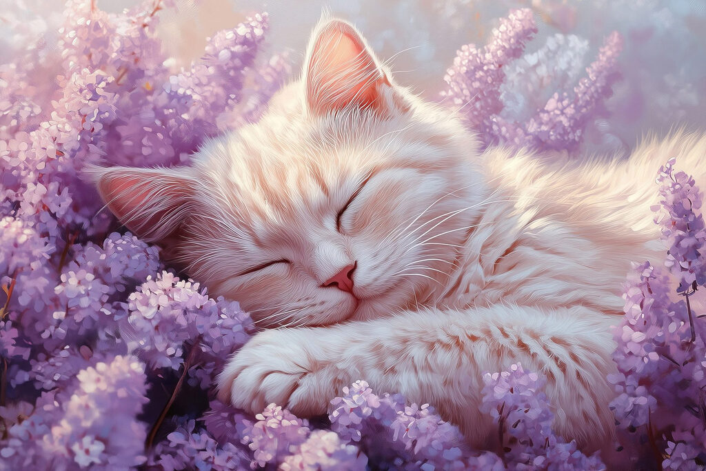 Chaton endormi, fleurs mauves — motif complet