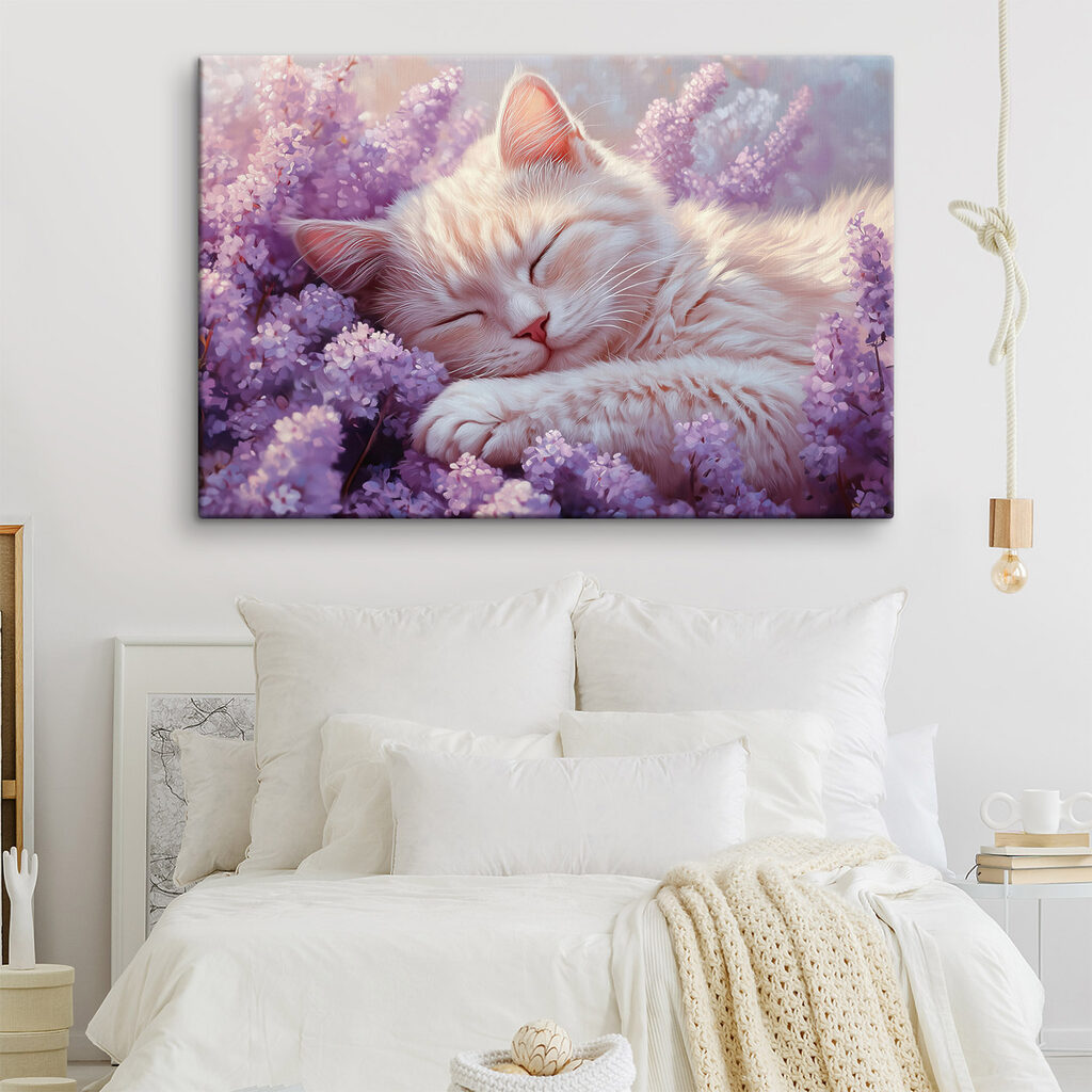 Chaton endormi, fleurs mauves — intérieur 2