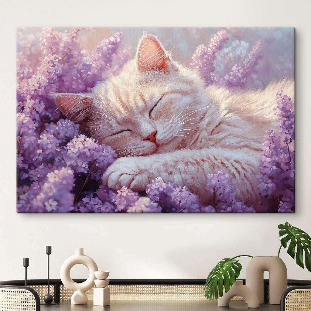 Chaton endormi, fleurs mauves dans un intérieur