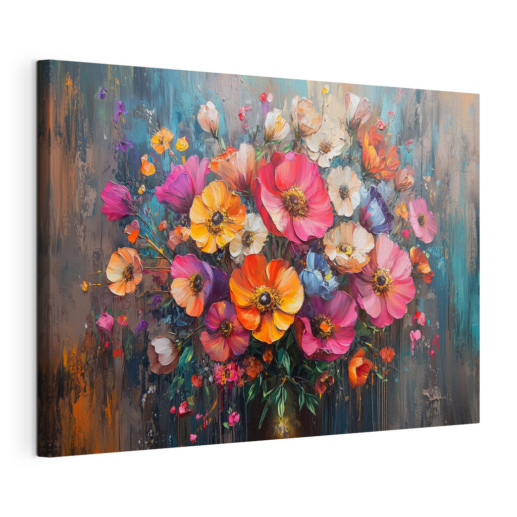 Bouquet coloré aux coulures, toile tendue et bord enveloppé