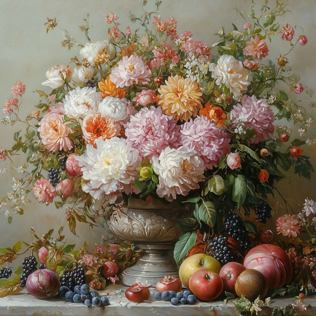 Dahlias et fruits — motif complet