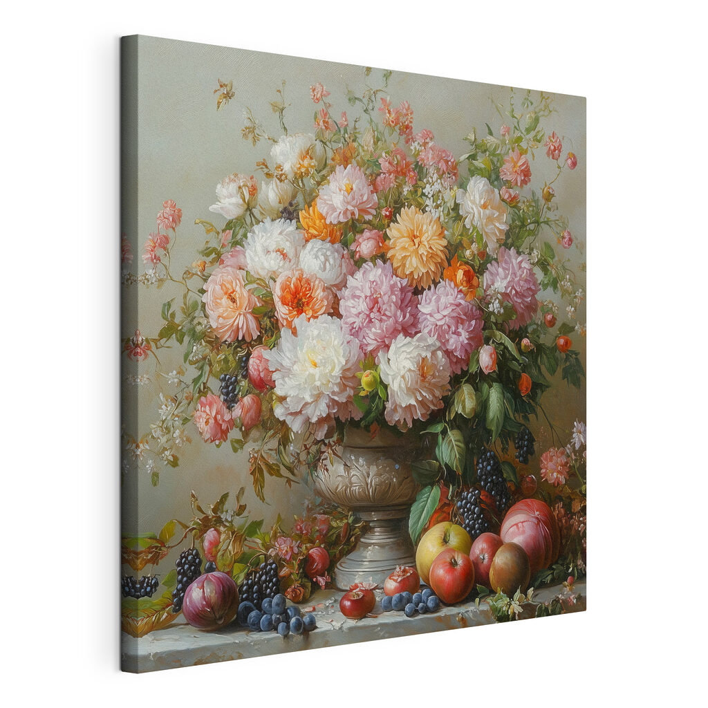 Dahlias et fruits, toile tendue et bord enveloppé