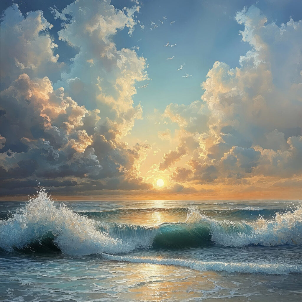 Soleil sur vaguelettes bleues — motif complet
