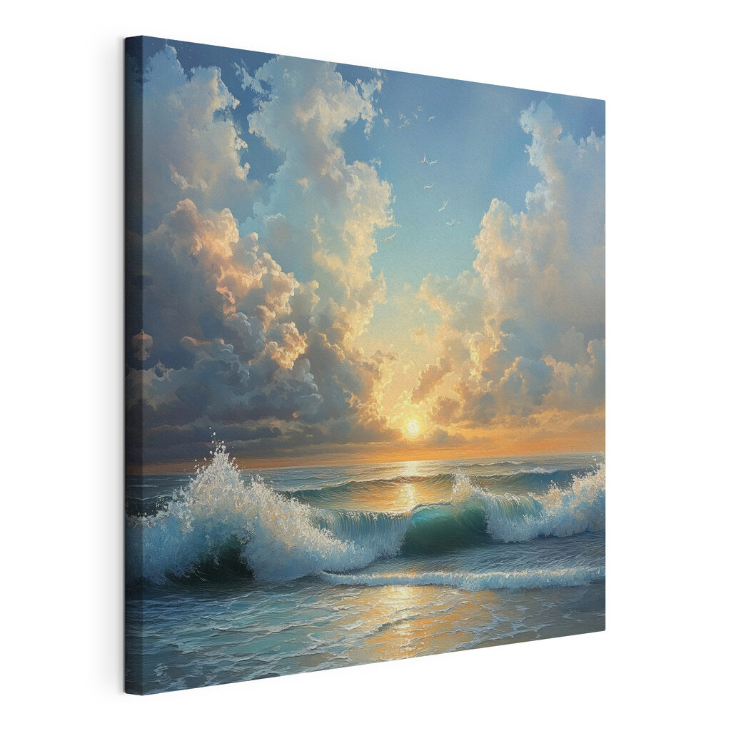 Soleil sur vaguelettes bleues, toile tendue et bord enveloppé