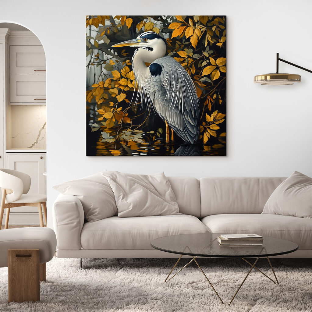 Héron et branches dorées — intérieur 1