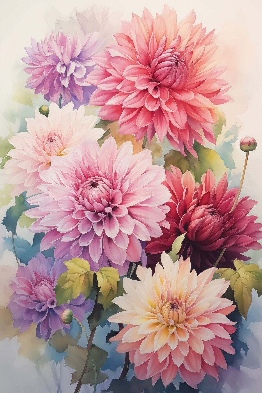 Dahlias joyeux à l’aquarelle — motif complet