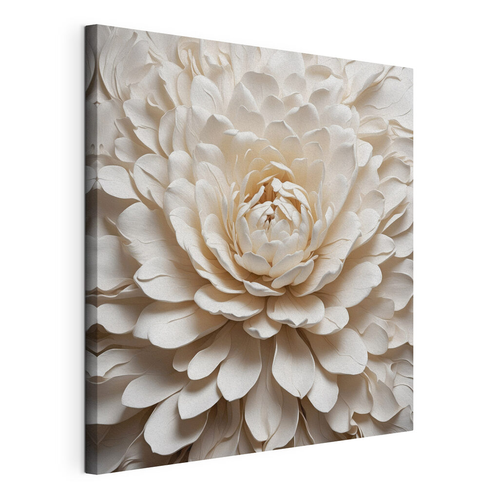 Pivoine aux pétales ivoire, toile tendue et bord enveloppé