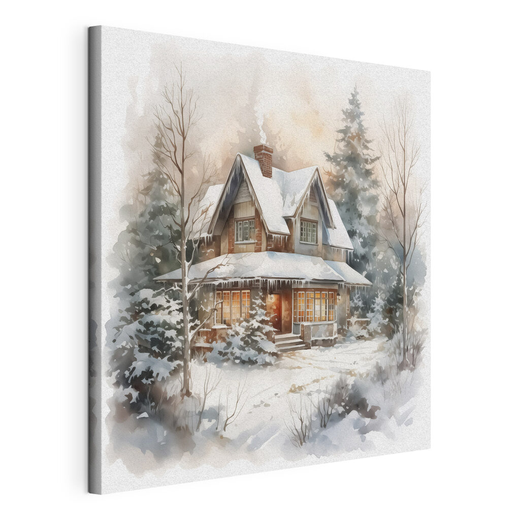 Maisonnette sous la neige, toile tendue et bord enveloppé