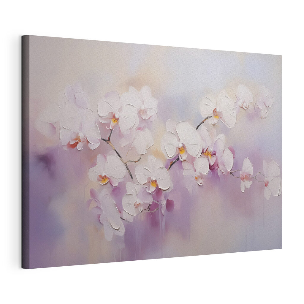 Orchidées aux tons lilas, toile tendue et bord enveloppé