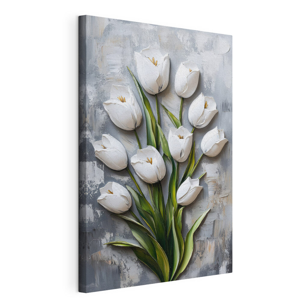 Tulipes blanches au pinceau, toile tendue et bord enveloppé