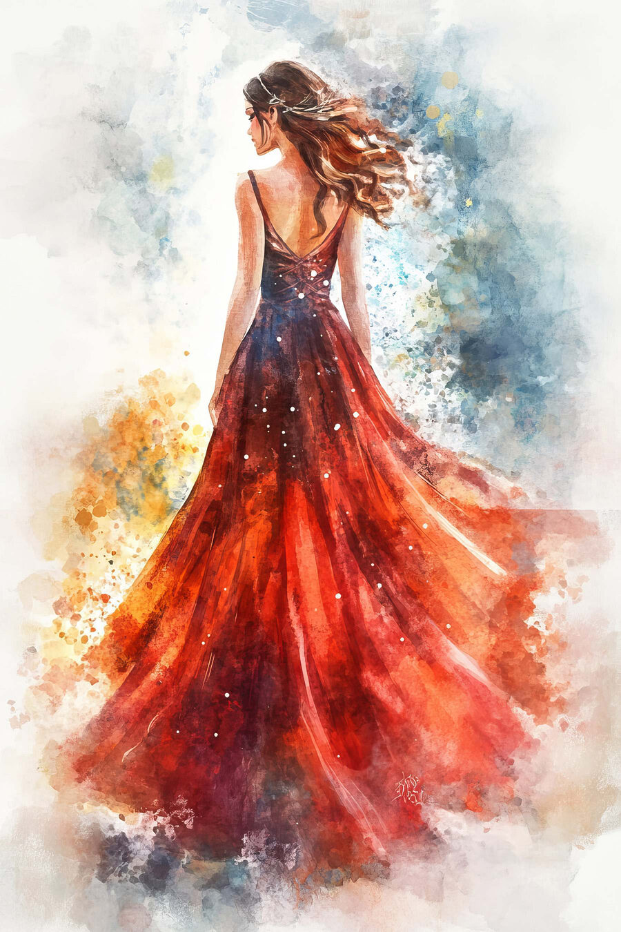 Robe rouge à l’aquarelle — motif complet