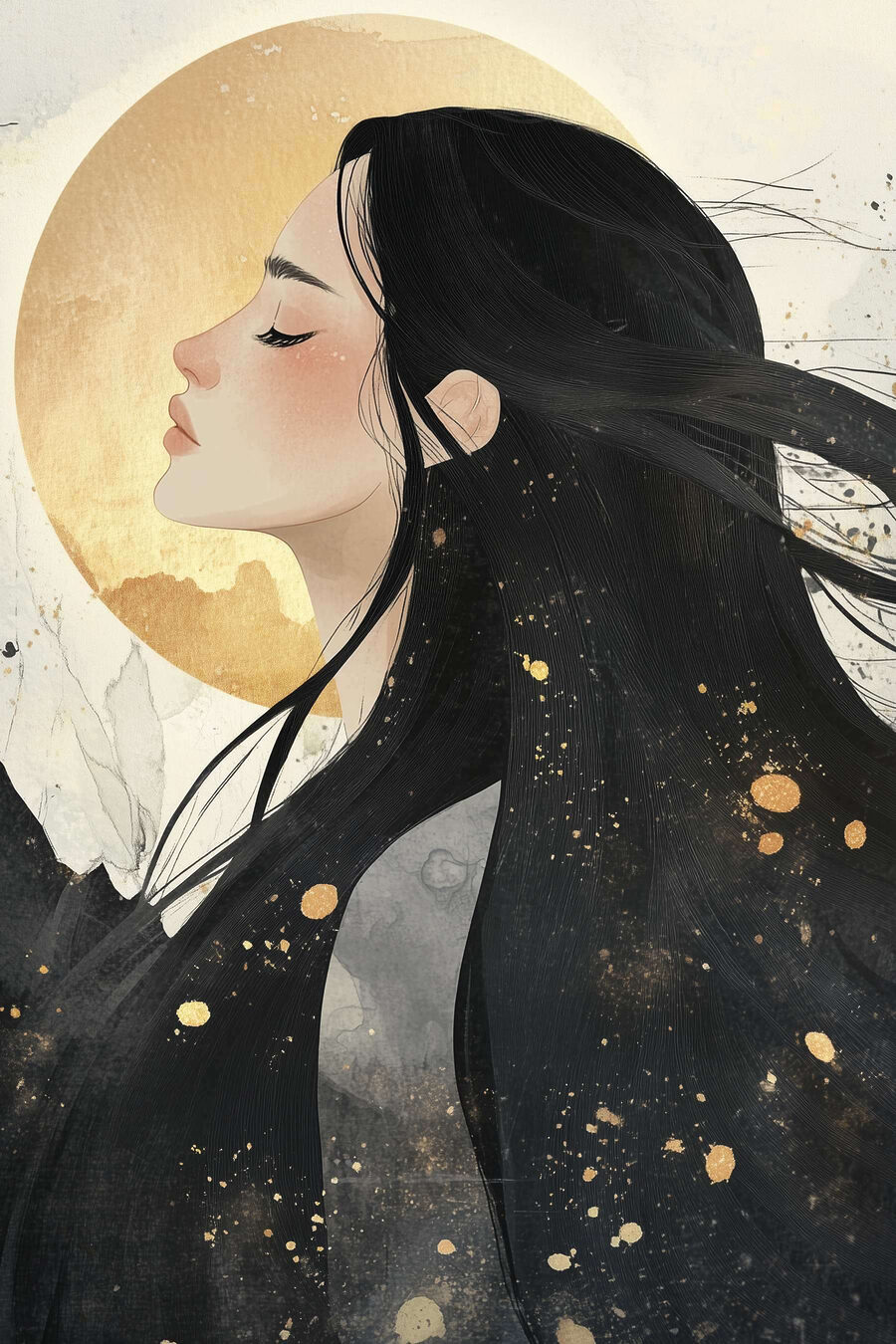 Profil et lune dorée — motif complet