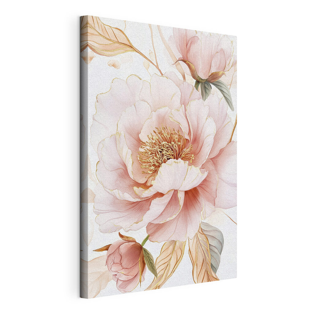 Pivoine rose liserée d’or, toile tendue et bord enveloppé
