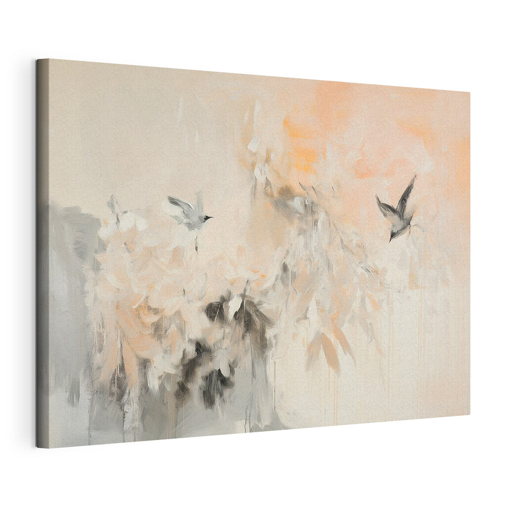 Traces fleuries et oiseaux, toile tendue et bord enveloppé