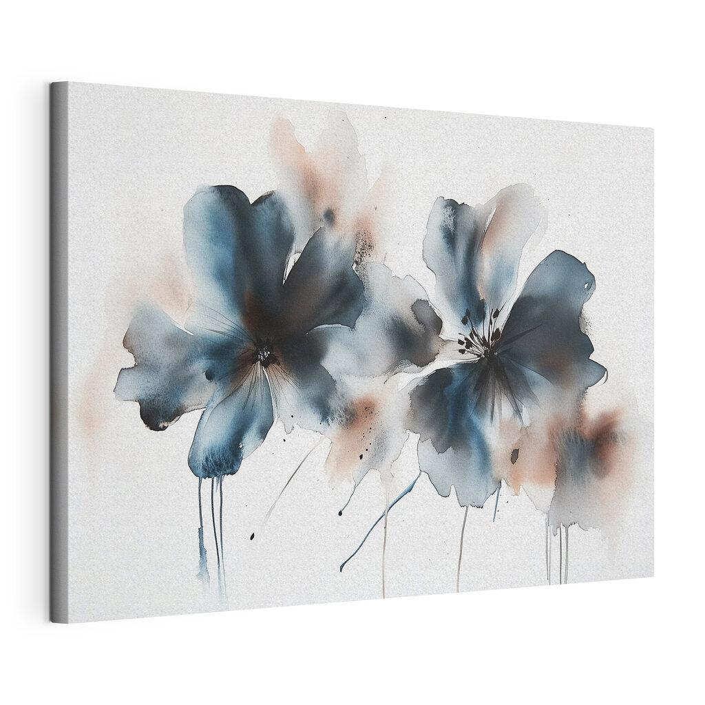 Deux fleurs bleu-vert, toile tendue et bord enveloppé