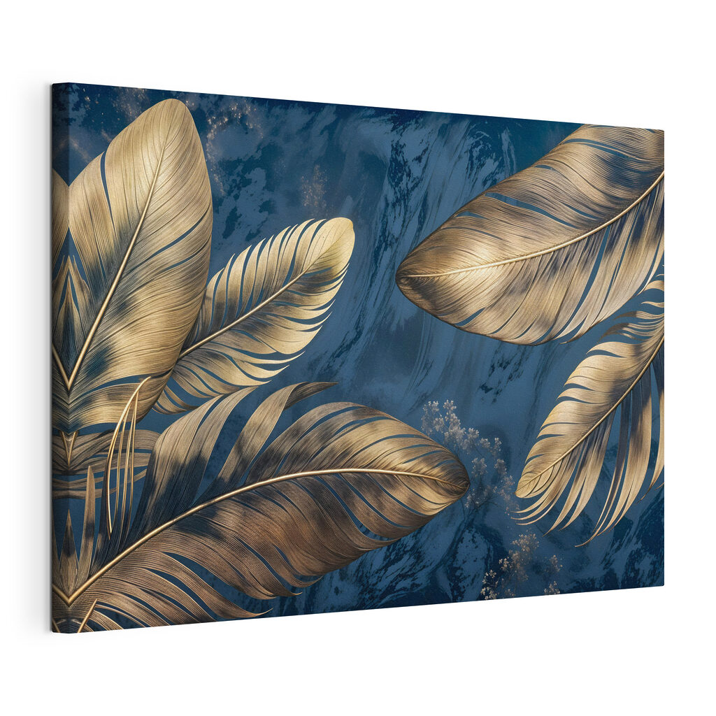 Feuilles dorées sur bleu, toile tendue et bord enveloppé