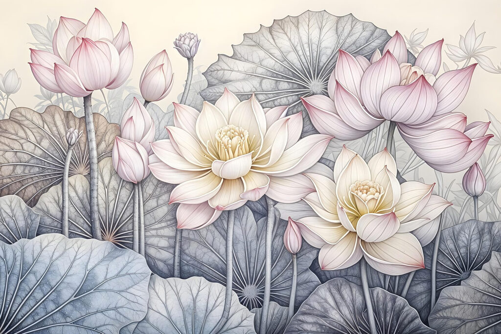 Lotus aux feuilles nervurées — motif complet
