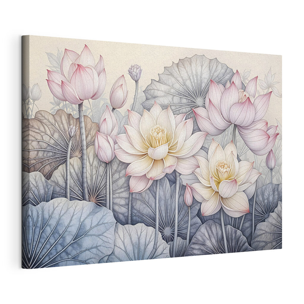 Lotus aux feuilles nervurées, toile tendue et bord enveloppé
