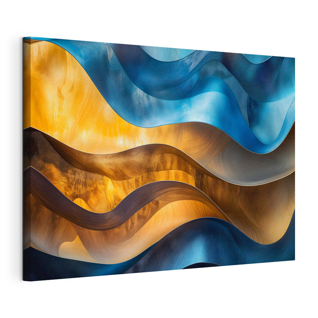 Vagues bleues et dorées, toile tendue et bord enveloppé
