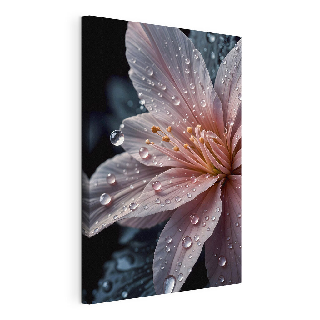 Pétales roses aux gouttelettes, toile tendue et bord enveloppé