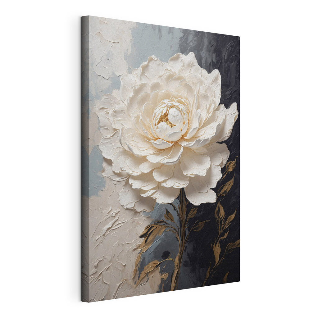 Rose aux feuilles dorées, toile tendue et bord enveloppé