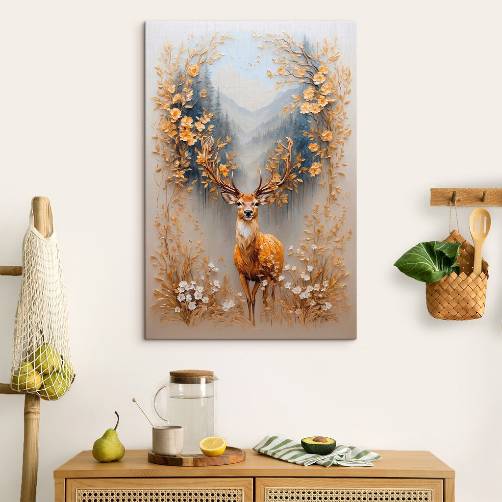 Cerf couronné de branches dans un intérieur