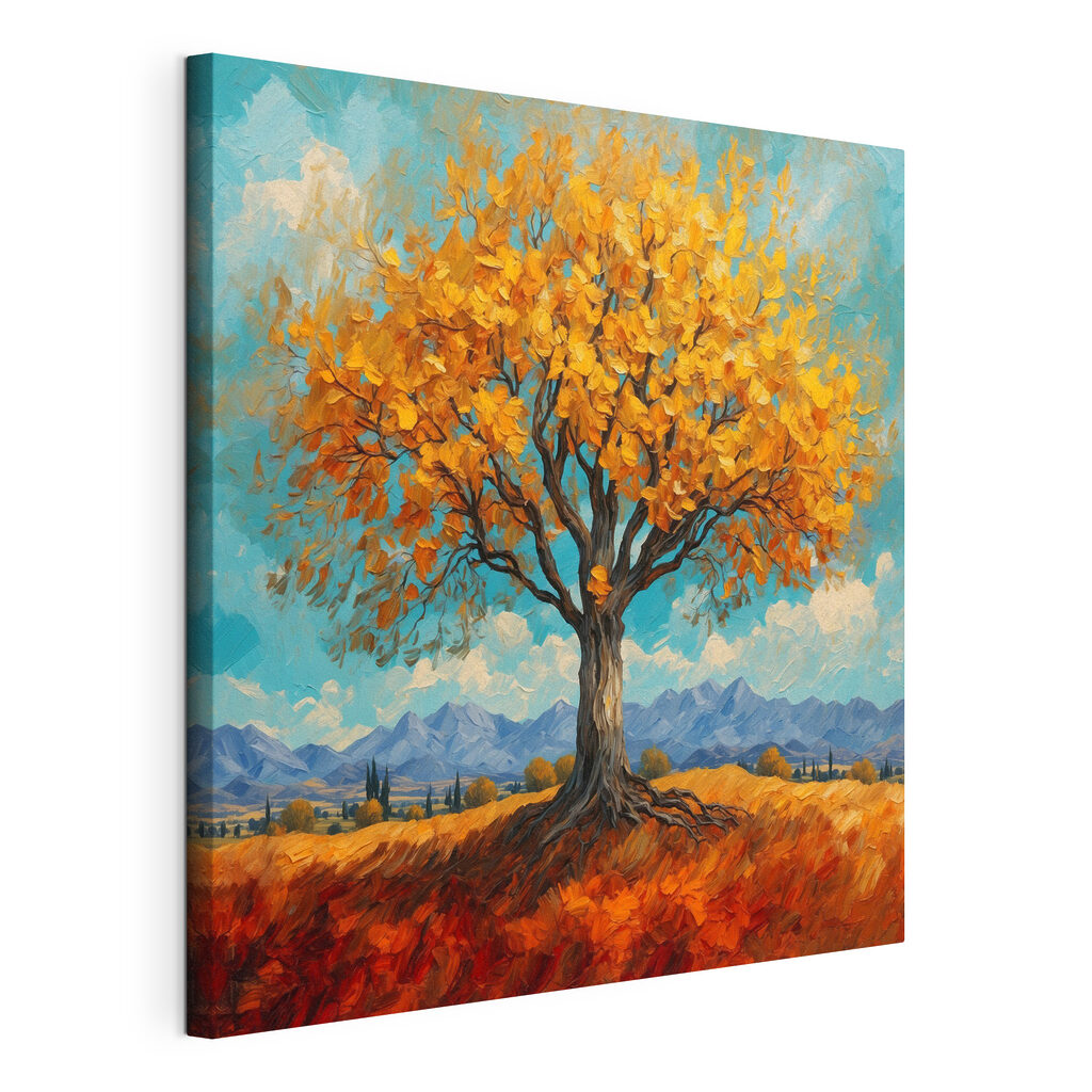 Cime orange sur bleu, toile tendue et bord enveloppé