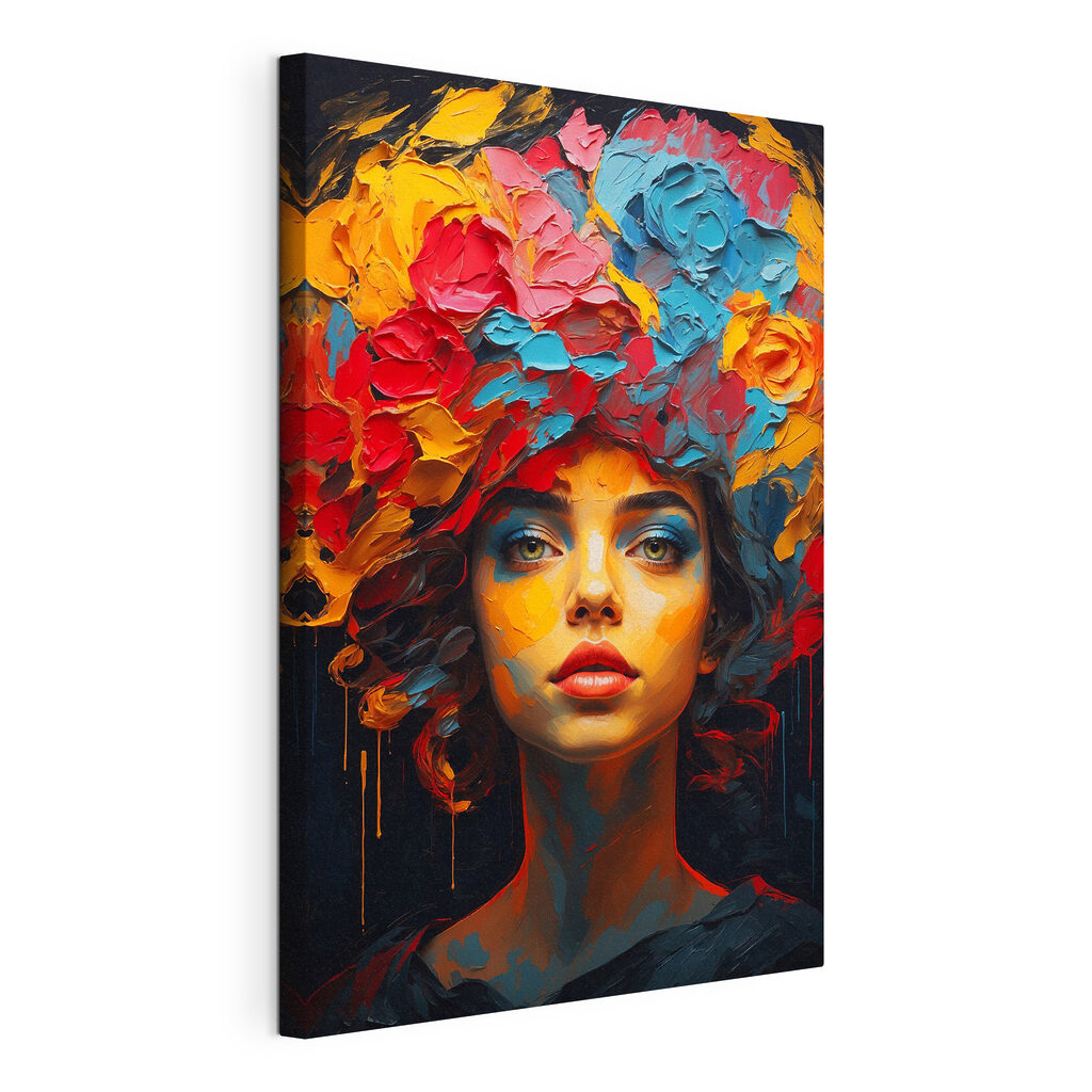 Visage couronné de fleurs, toile tendue et bord enveloppé