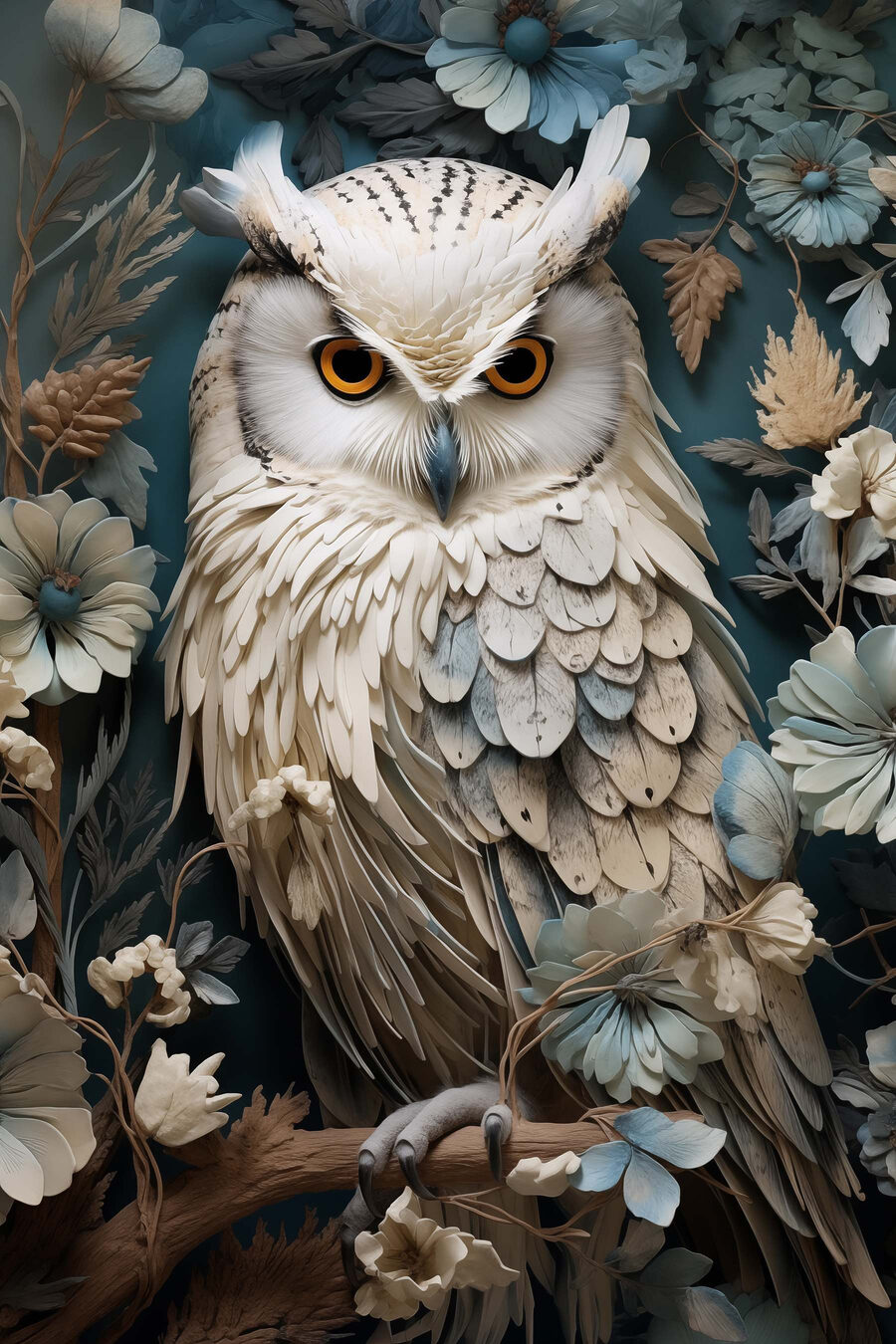 Chouette blanche et fleurs — motif complet