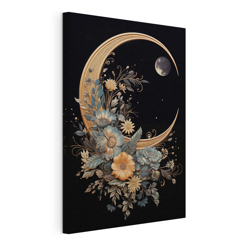 Croissant de lune fleuri, toile tendue et bord enveloppé