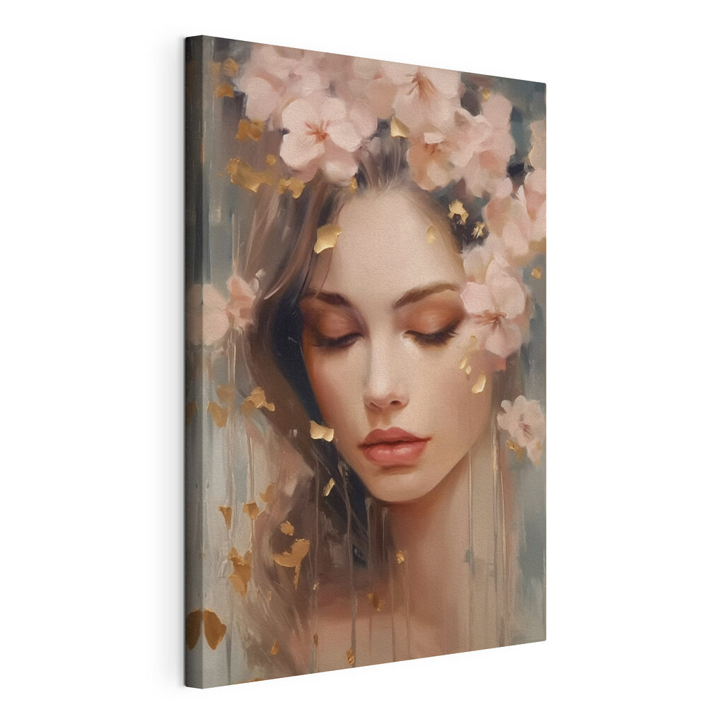 Couronne de fleurs roses, toile tendue et bord enveloppé