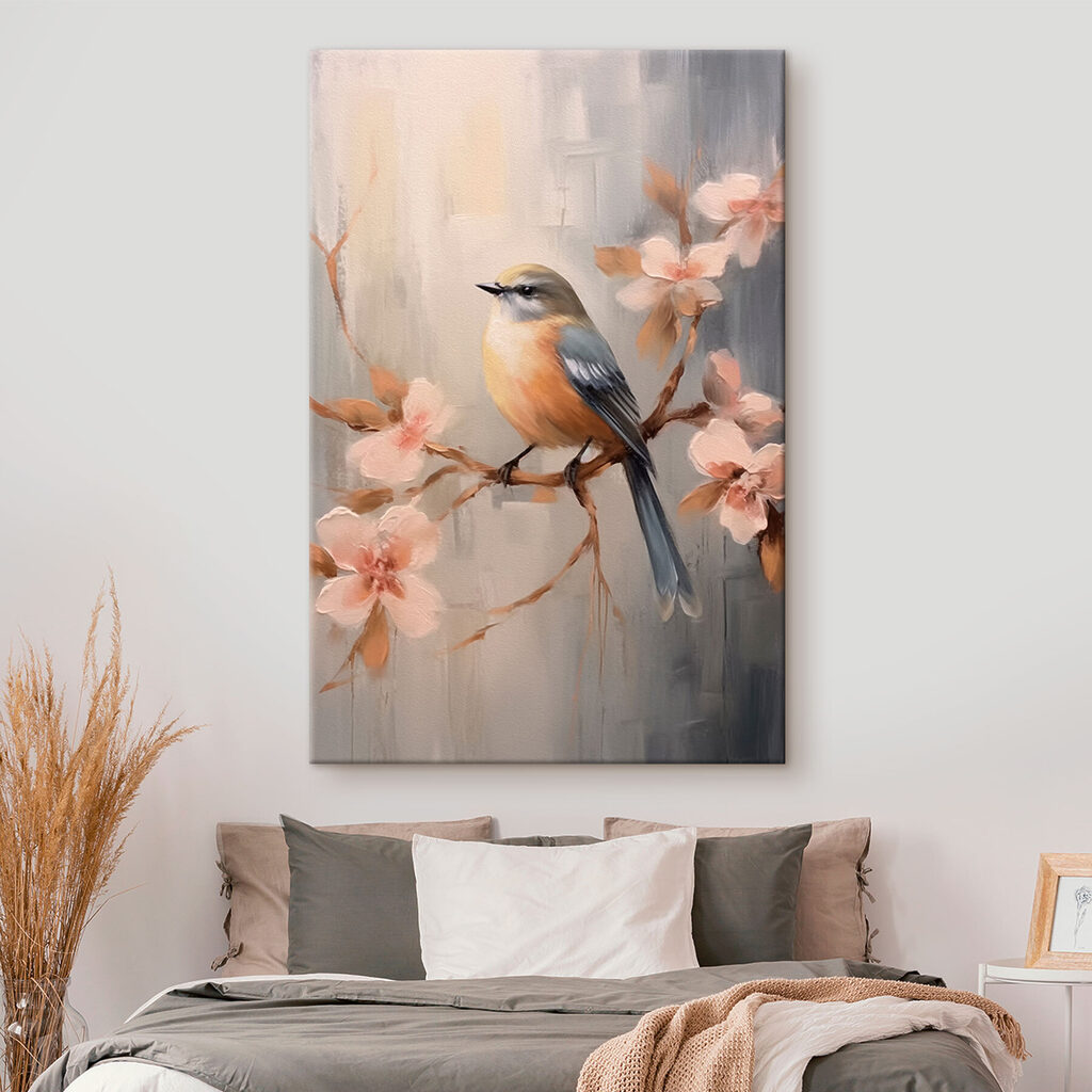 Oiseau sur branche fleurie — intérieur 1