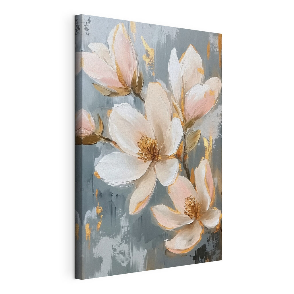 Magnolia sur gris-bleu, toile tendue et bord enveloppé