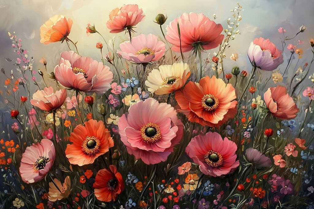 Coquelicots aux cœurs variés — motif complet