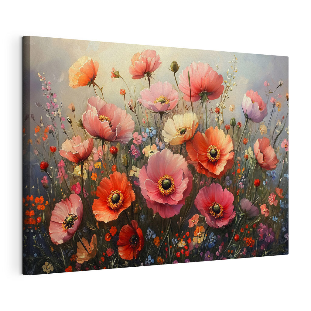 Coquelicots aux cœurs variés, toile tendue et bord enveloppé