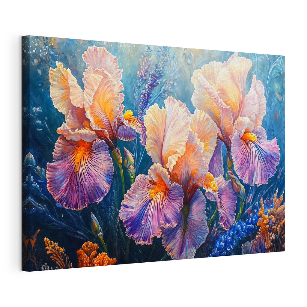 Iris au crépuscule, toile tendue et bord enveloppé