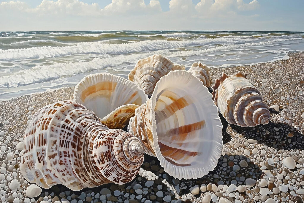 Coquillages face aux vagues — motif complet