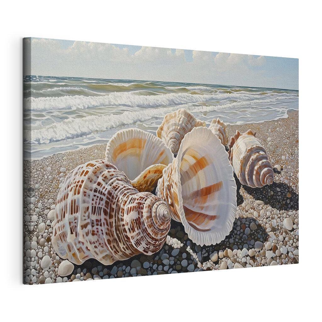 Coquillages face aux vagues, toile tendue et bord enveloppé