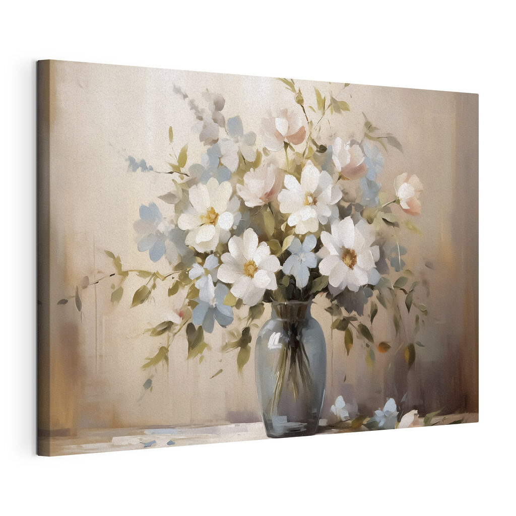 Bouquet au vase sombre, toile tendue et bord enveloppé