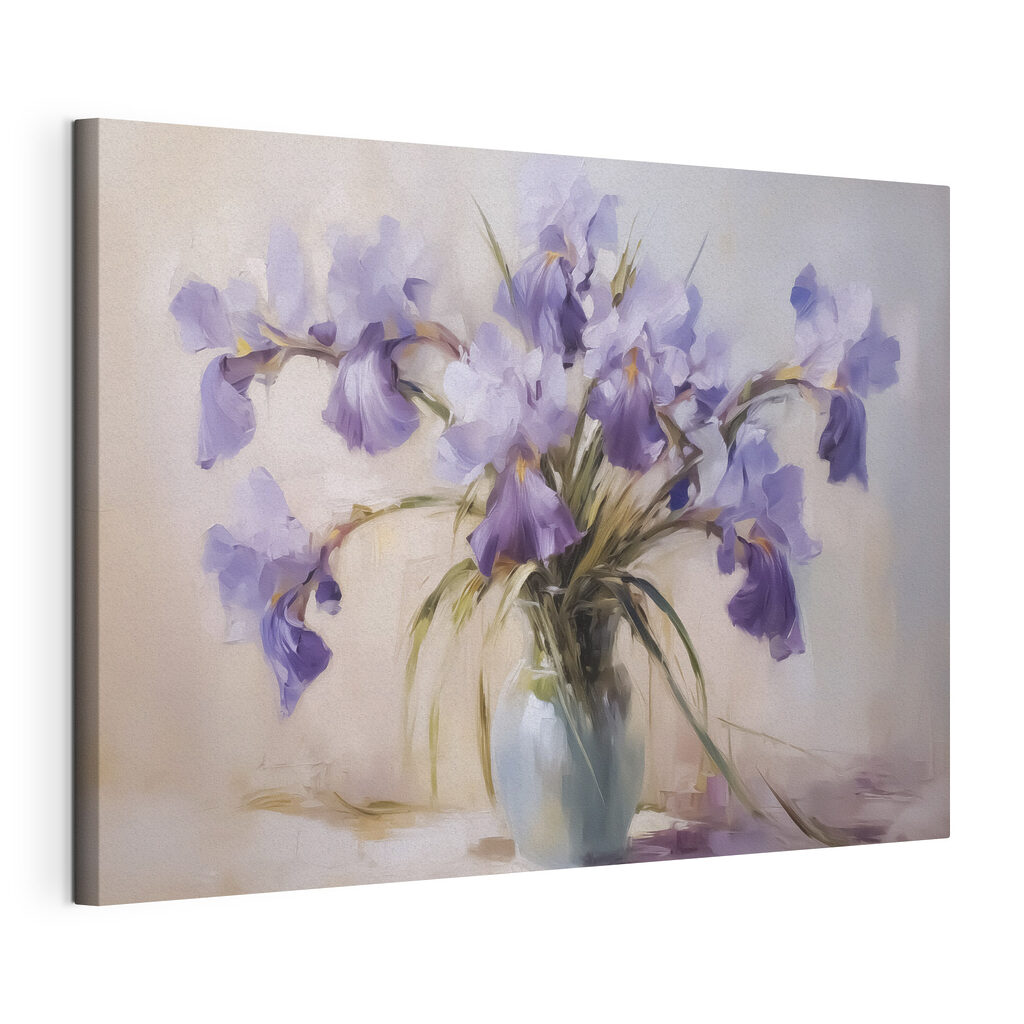 Vase d’iris violets, toile tendue et bord enveloppé
