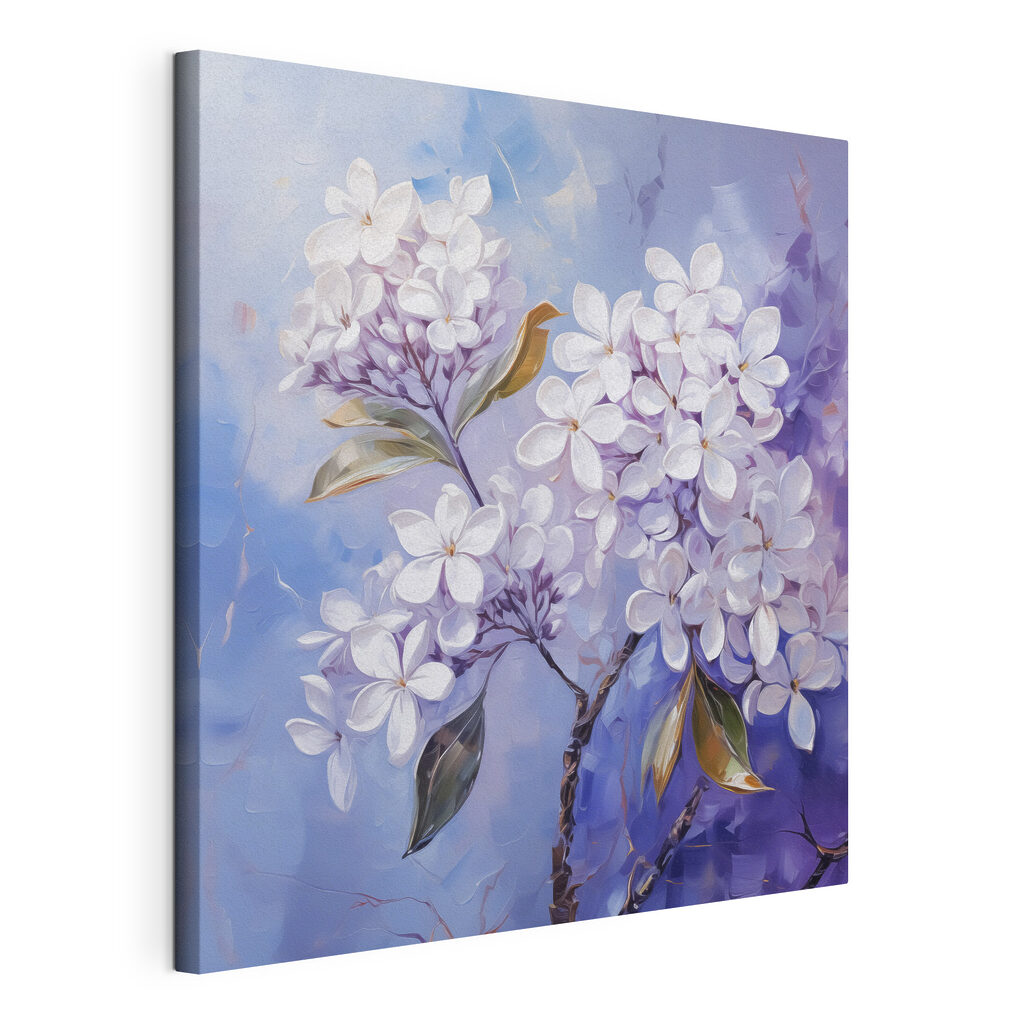 Floraison lilas sur bleu, toile tendue et bord enveloppé