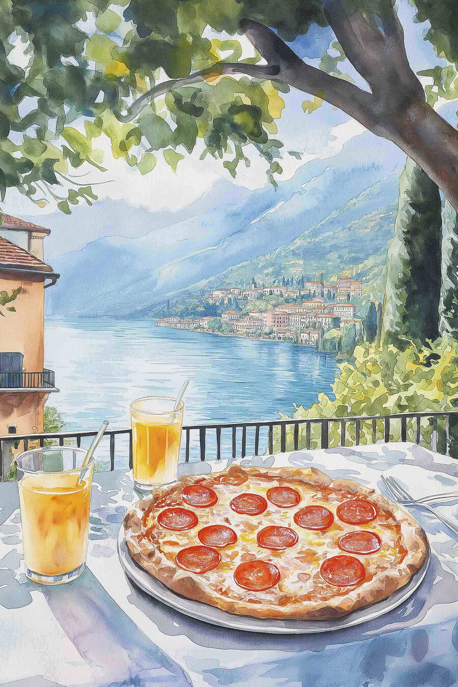 Pizza sous un arbre — motif complet