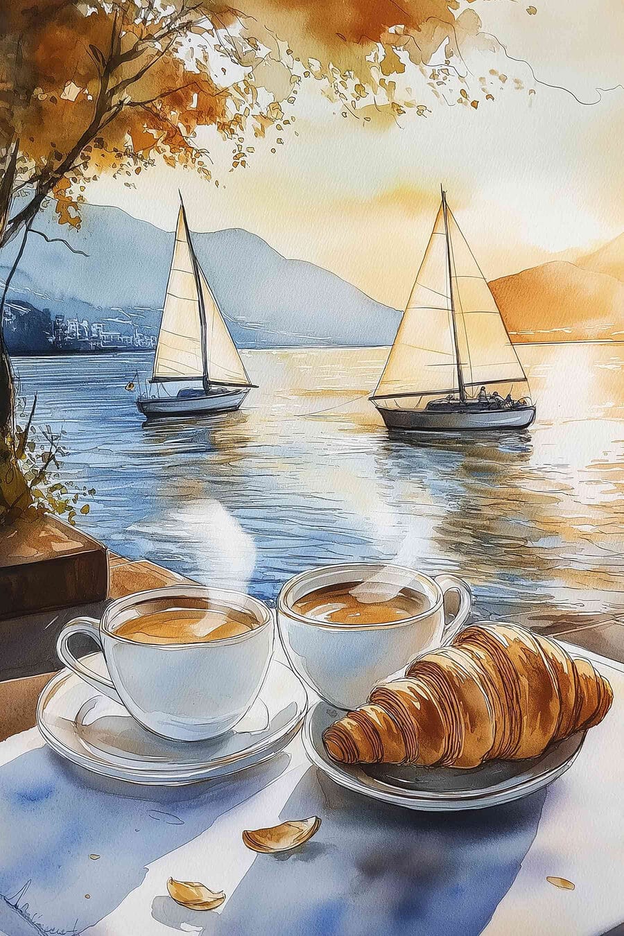 Croissant et deux voiliers — motif complet