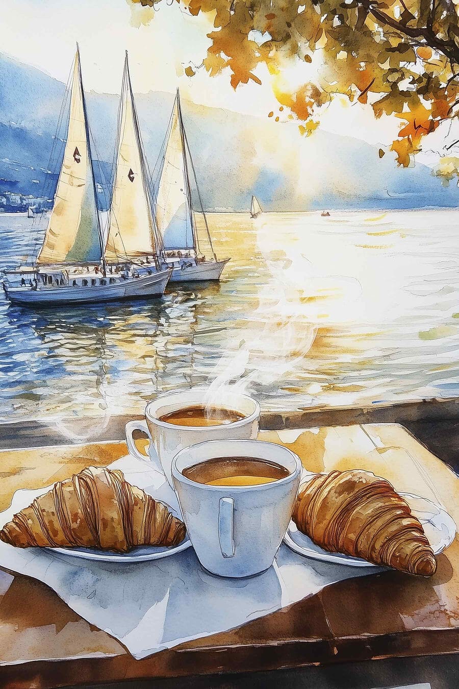 Café matinal et voiliers — motif complet