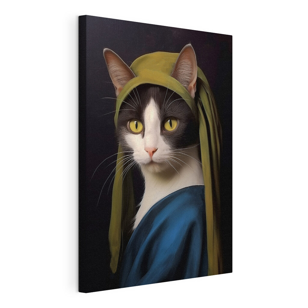 Chat au châle bleu, toile tendue et bord enveloppé
