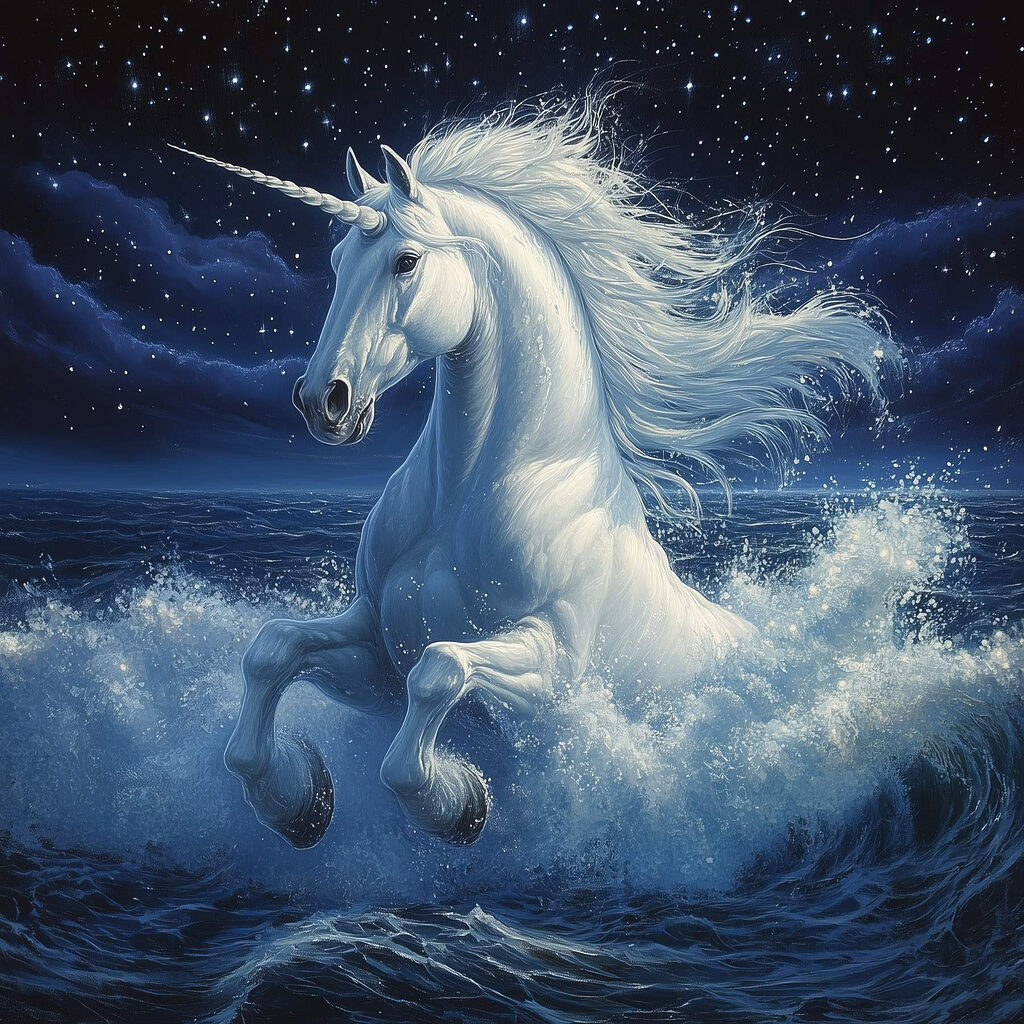 Licorne et vagues nocturnes — motif complet