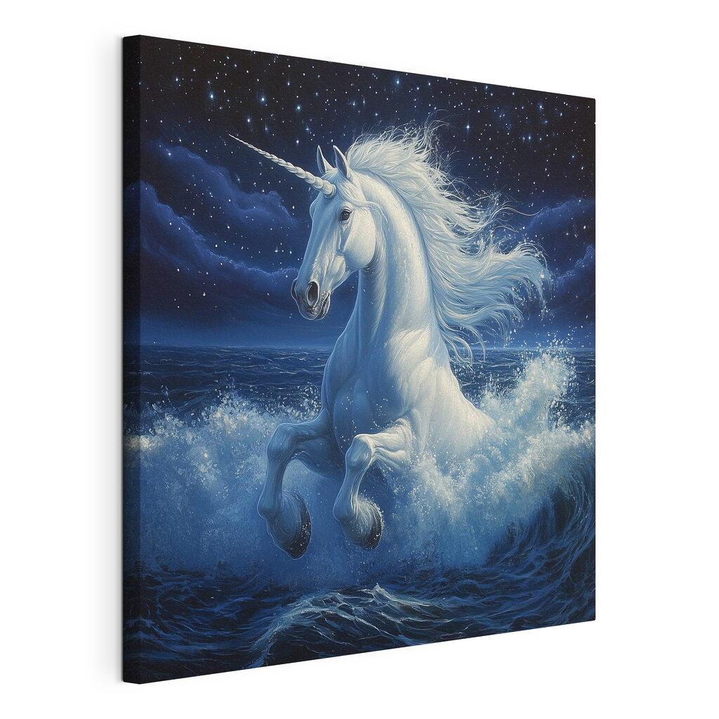 Licorne et vagues nocturnes, toile tendue et bord enveloppé