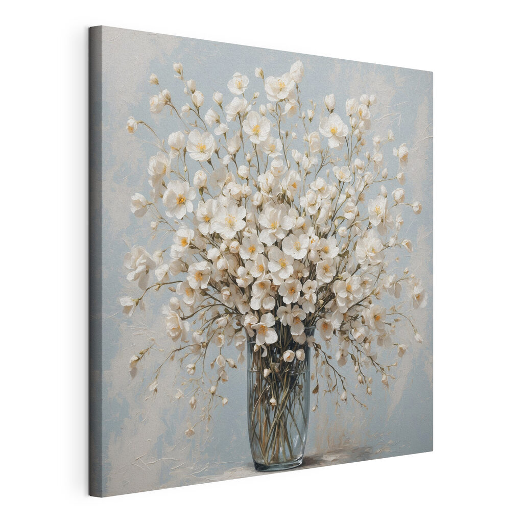 Vase de fleurs blanches, toile tendue et bord enveloppé